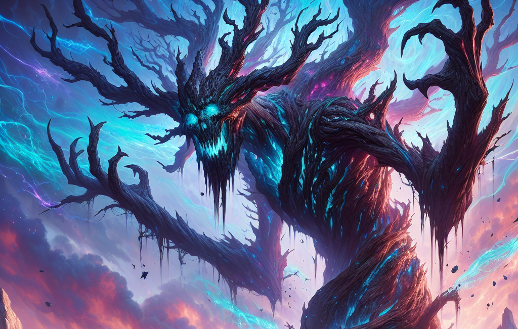 Reaper cursed tree monster defending its territory with lightning