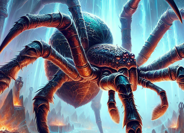 Giant spider insect monster weaving webs in dungeon corners